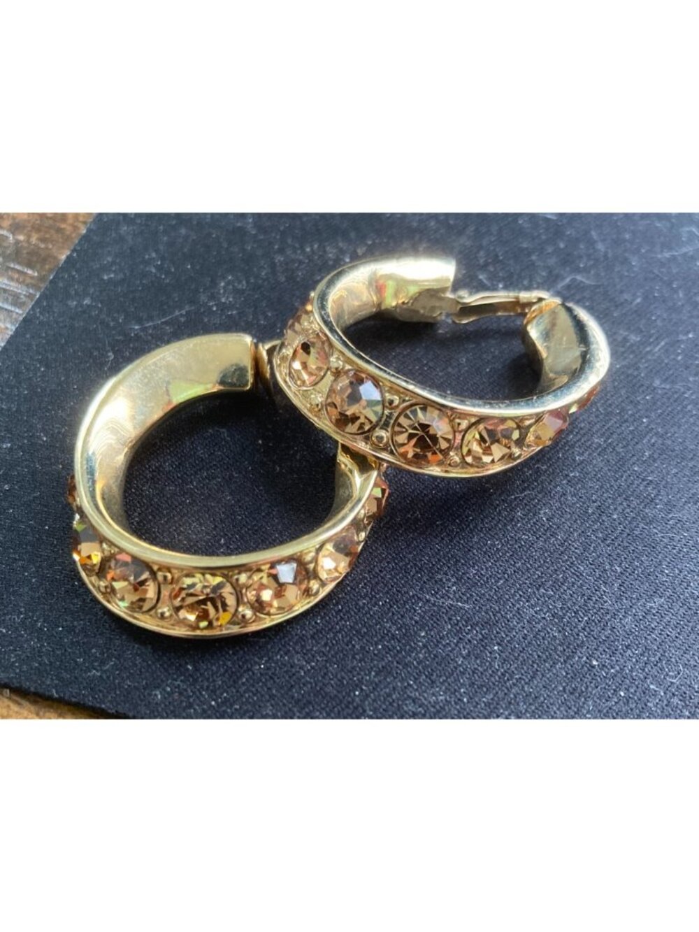 Vintage Kenneth Jay Lane Clip Earring Hoop Amber Crystal Gold Tone